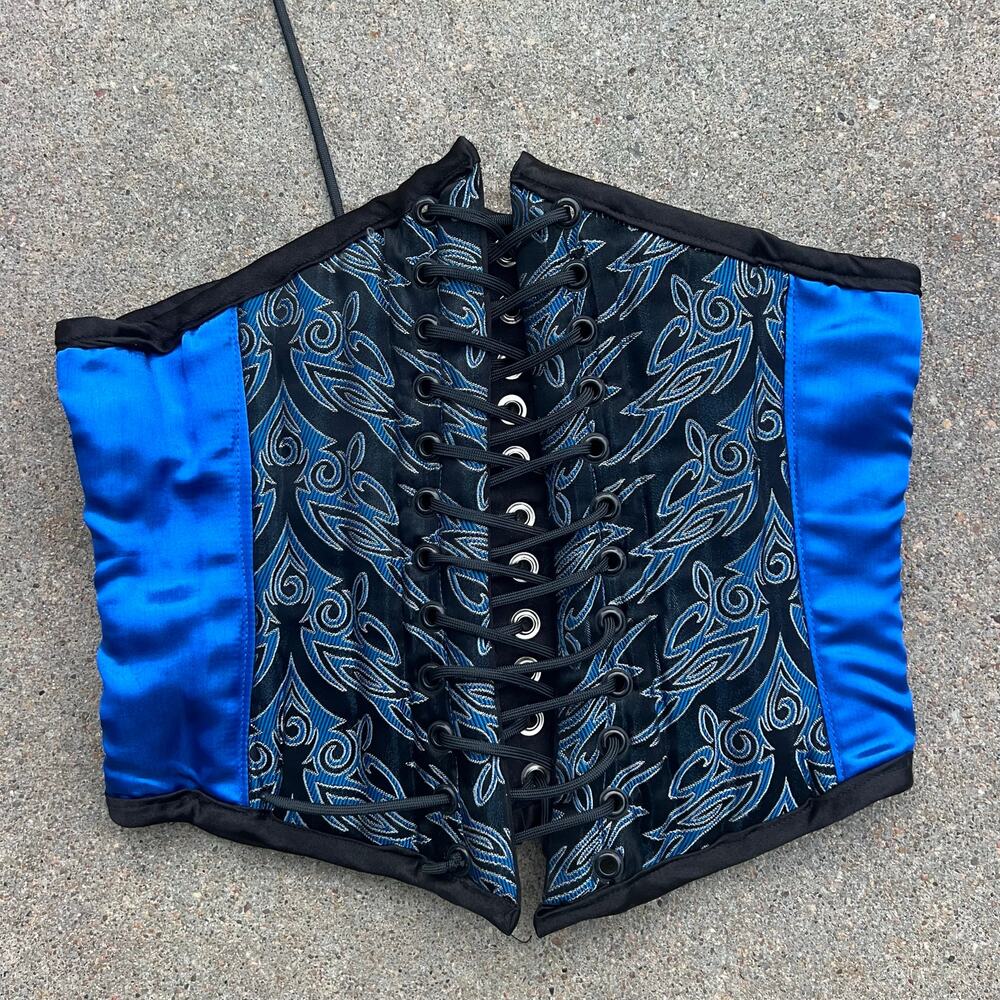 Black Blue Gothic Tribal Medieval Corset Trop Brocade Lace Up Heavy Boning S/M